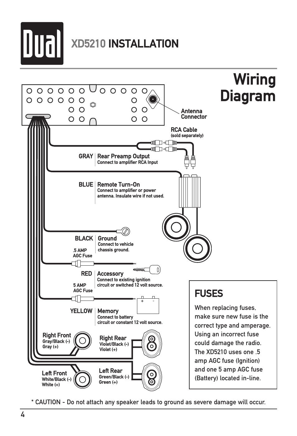 Wiring diagram, Xd5210 installation, Fuses | Dual XD5210 User Manual | Page 4 / 16