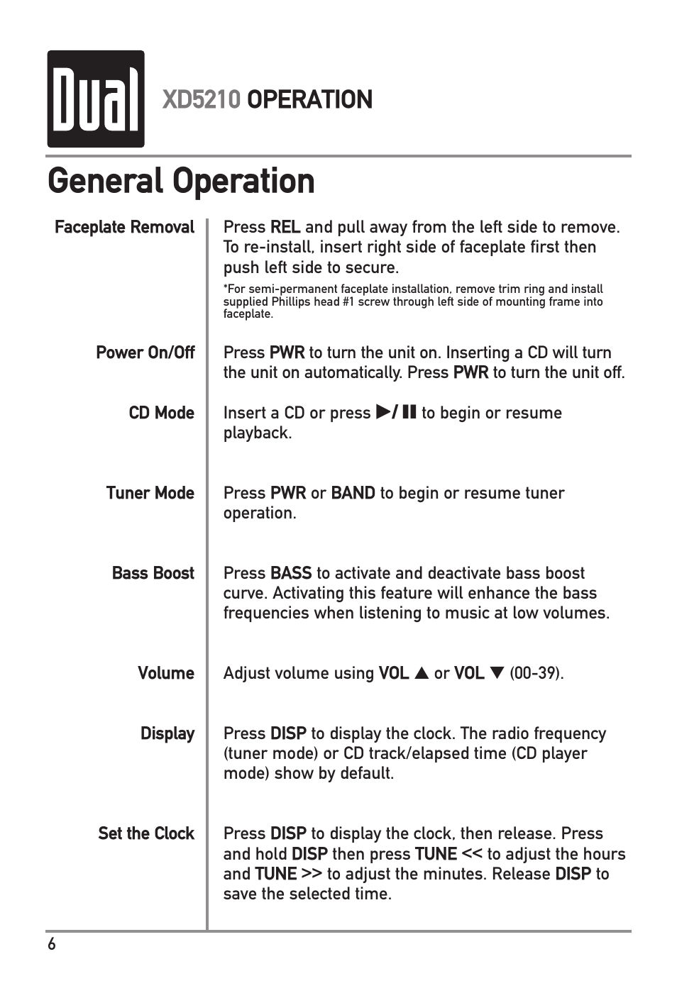 General operation, Xd5210 operation | Dual XD5210 User Manual | Page 6 / 16