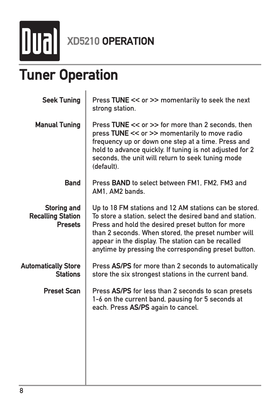 Tuner operation, Xd5210 operation | Dual XD5210 User Manual | Page 8 / 16