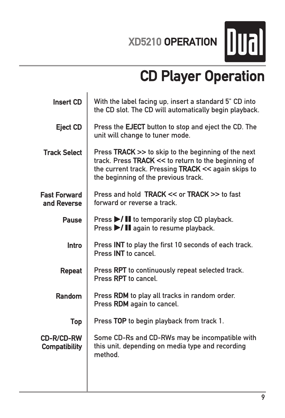 Cd player operation, Xd5210 operation | Dual XD5210 User Manual | Page 9 / 16