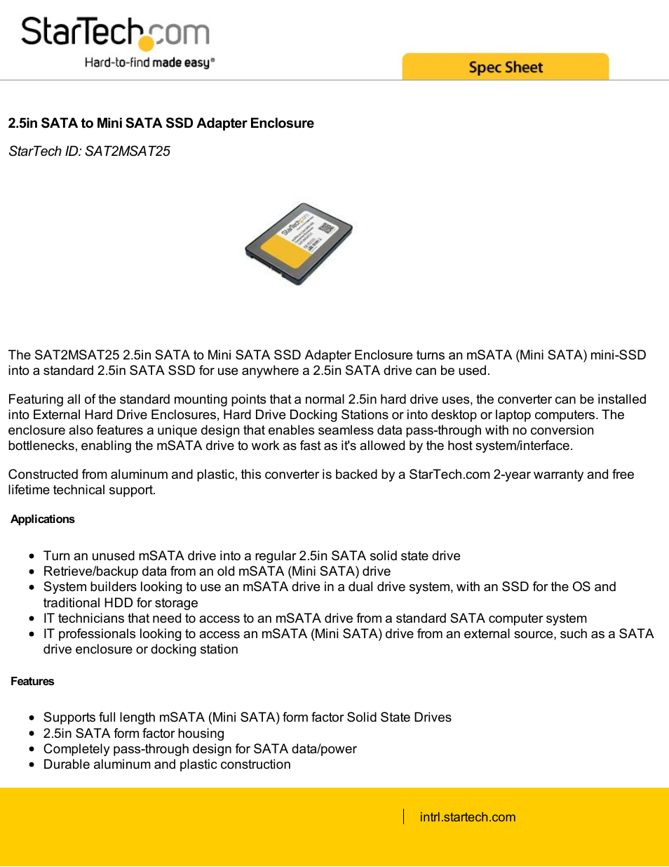 StarTech.com 2.5" SATA to Mini SATA SSD Adapter Enclosure (Silver) User Manual | 2 pages