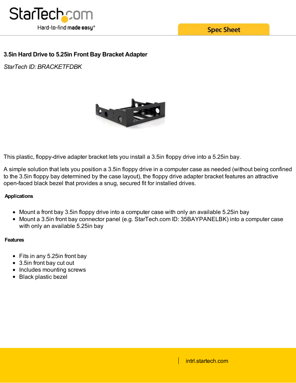 StarTech.com 3.5" to 5.25" Front Bay Bracket Adapter User Manual | 2 pages