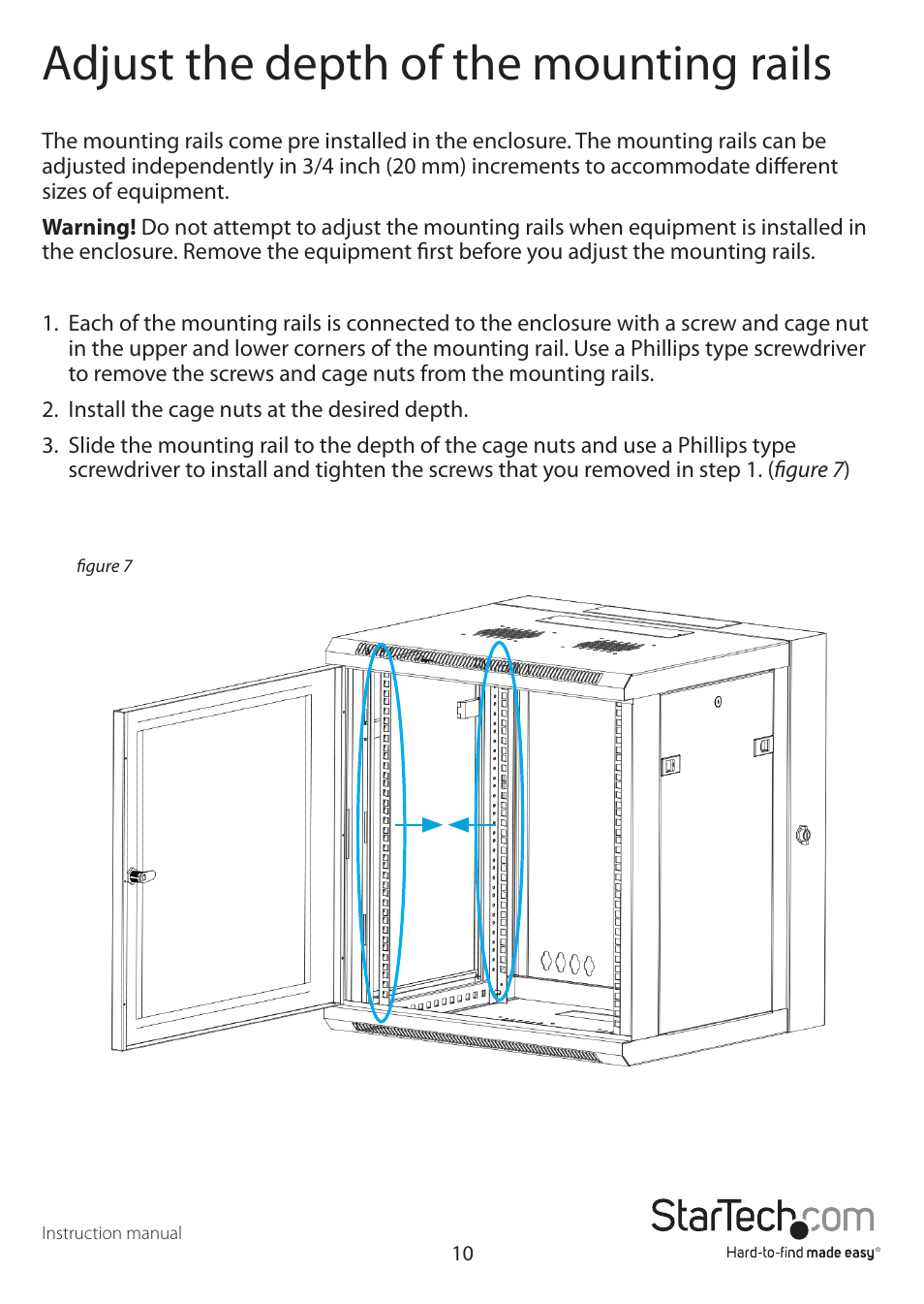 Adjust the depth of the mounting rails | StarTech.com Wall Mount Network Cabinet Enclosure (12 RU, 19") User Manual | Page 14 / 19
