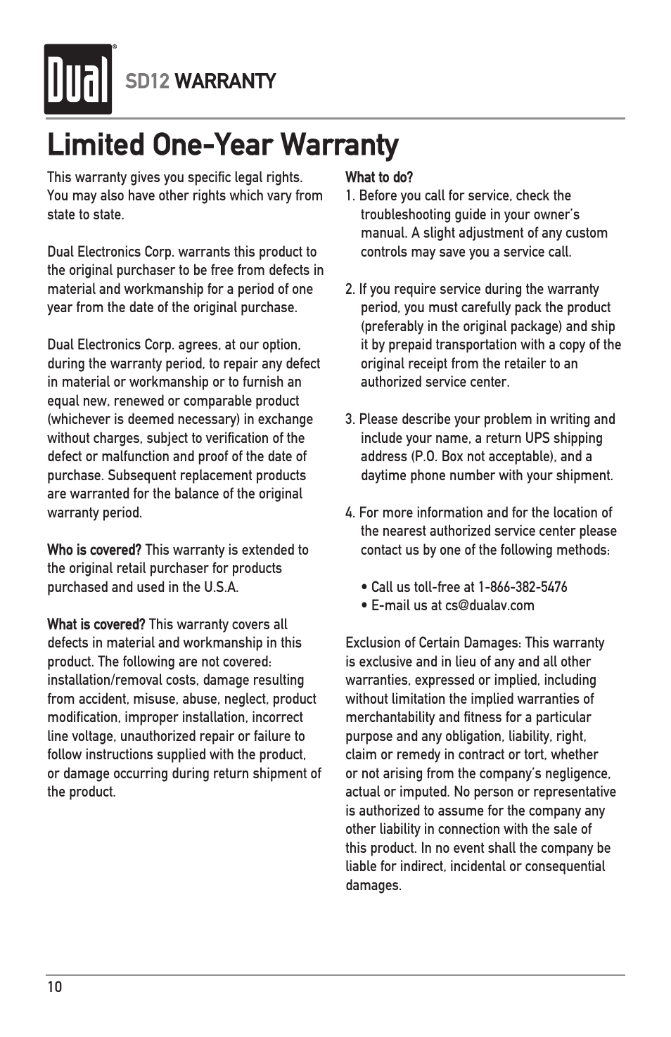 Limited one-year warranty, Sd12 warranty | Dual SD12 User Manual | Page 10 / 12