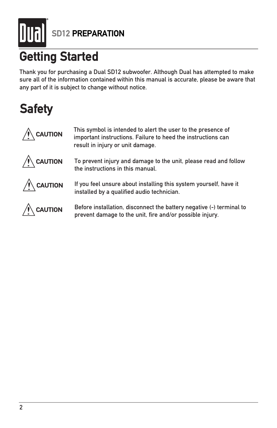 Getting started safety | Dual SD12 User Manual | Page 2 / 12