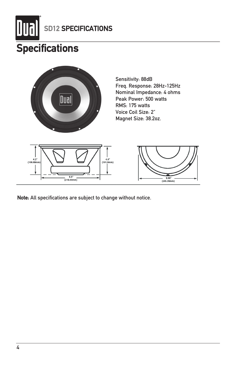 Specifications | Dual SD12 User Manual | Page 4 / 12