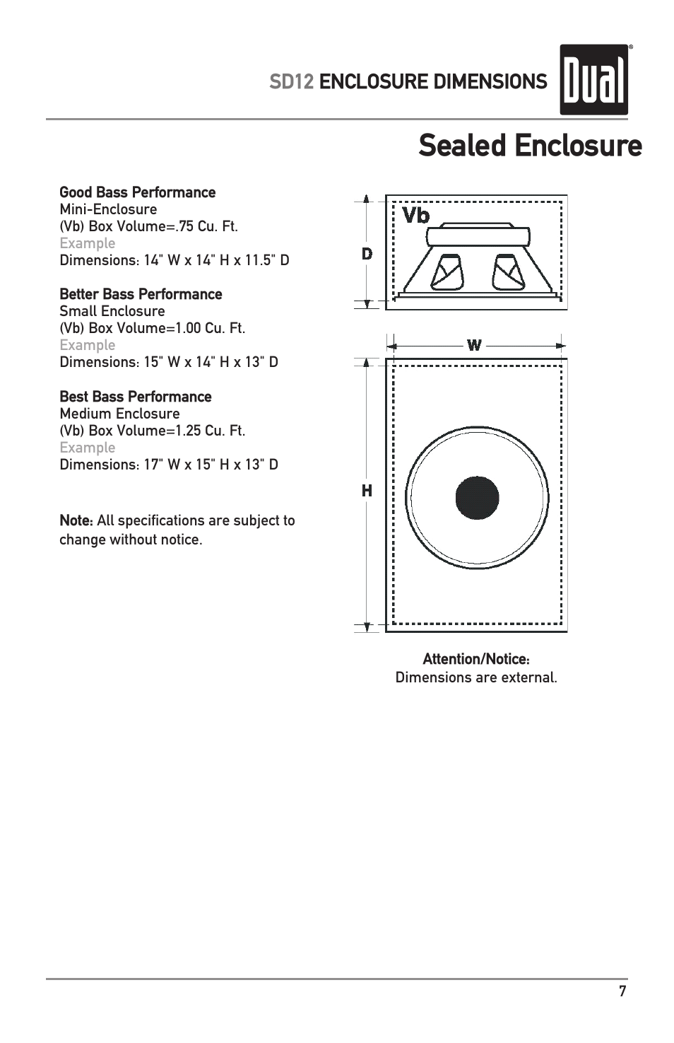 Sealed enclosure, Sd12 enclosure dimensions | Dual SD12 User Manual | Page 7 / 12