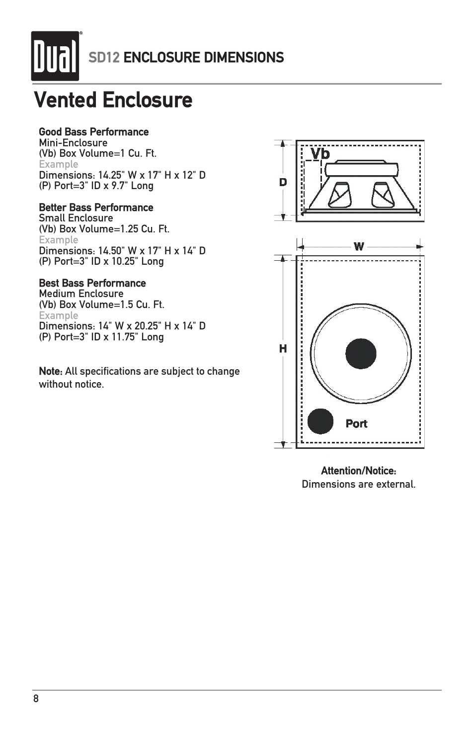 Vented enclosure, Sd12 enclosure dimensions | Dual SD12 User Manual | Page 8 / 12