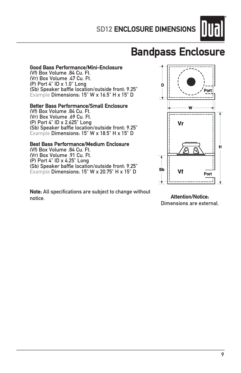 Bandpass enclosure, Sd12 enclosure dimensions | Dual SD12 User Manual | Page 9 / 12