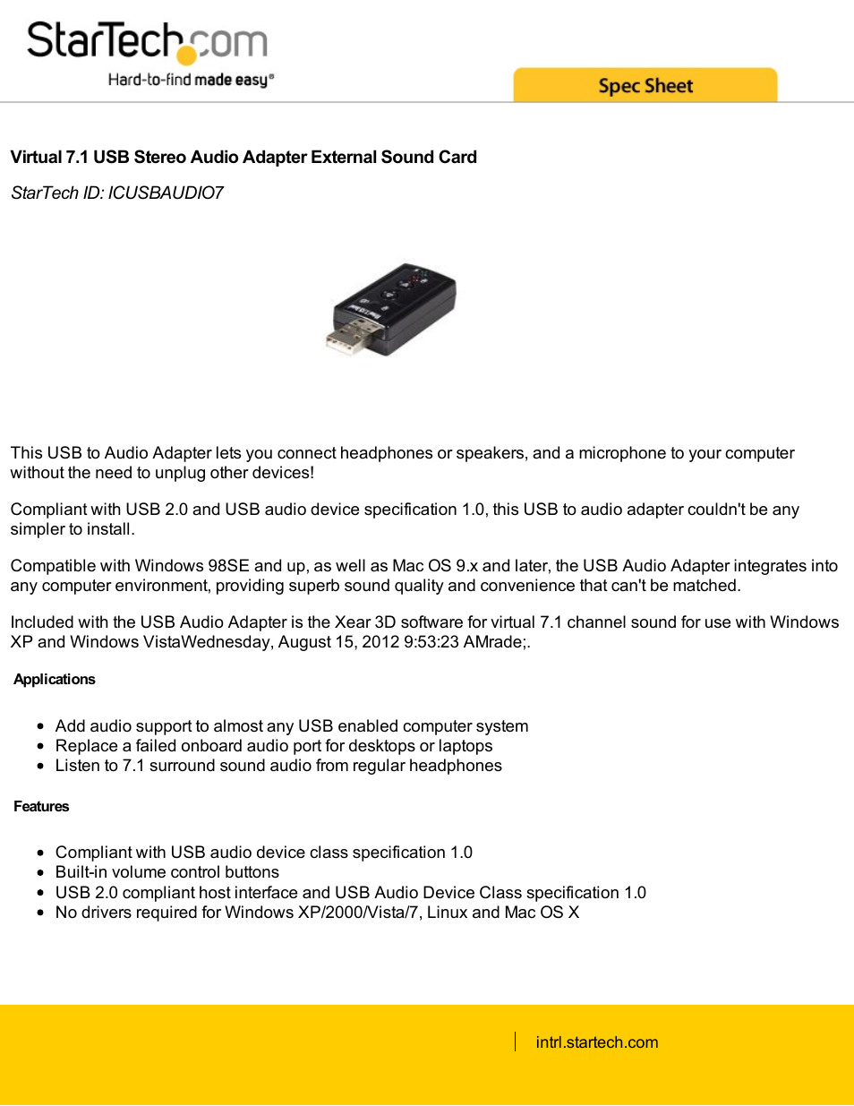 StarTech.com Virtual 7.1 USB Stereo Audio Adapter External Sound Card User Manual | 3 pages