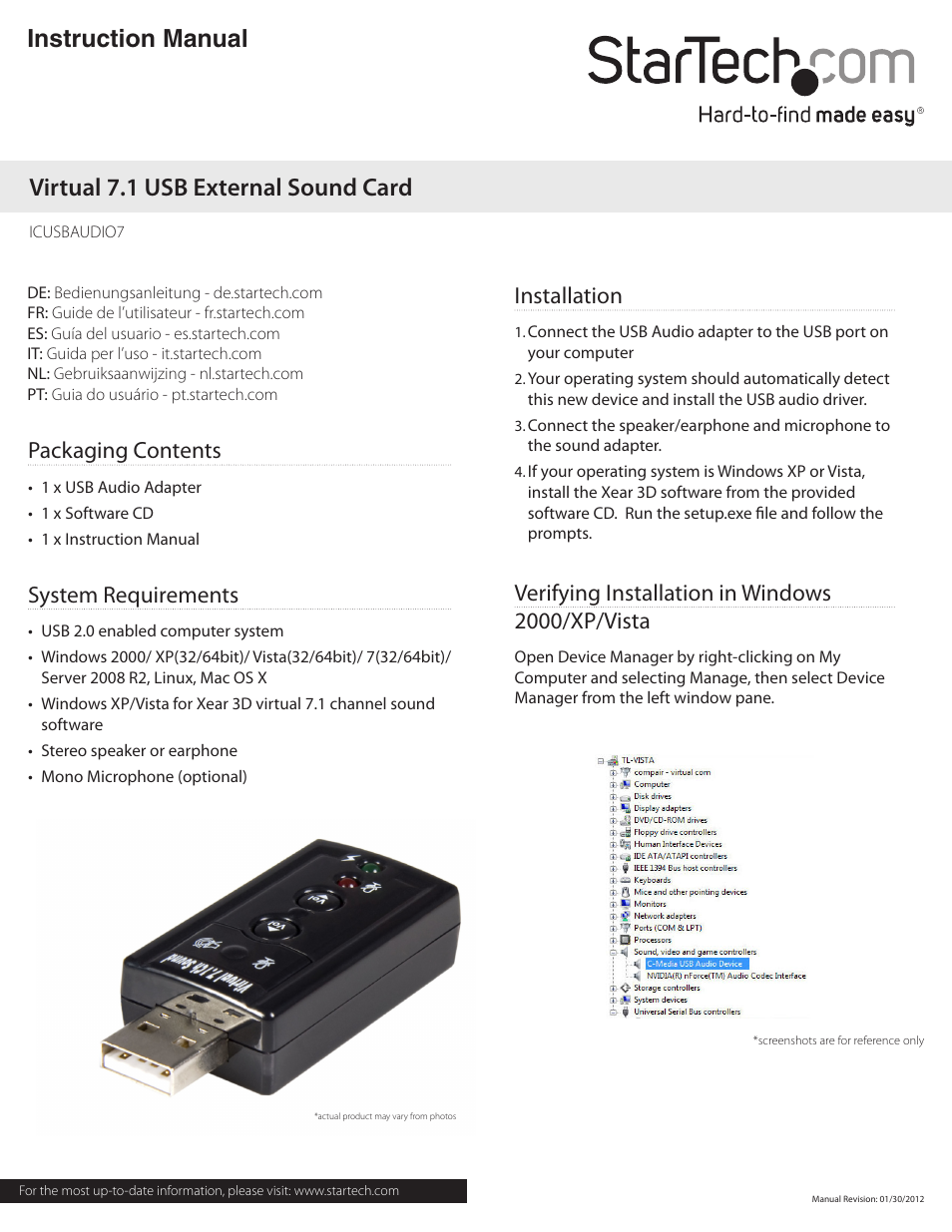 StarTech.com Virtual 7.1 USB Stereo Audio Adapter External Sound Card User Manual | 2 pages