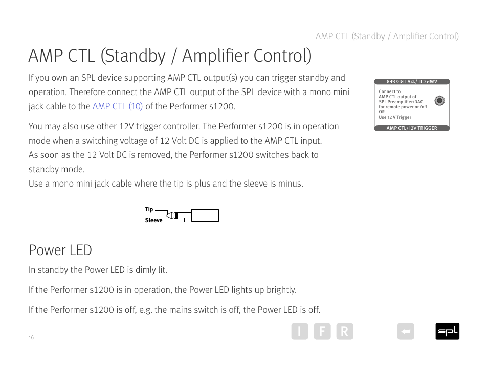 Amp ctl, Power led en, Amp ctl (standby / amplifier control) | Power led, I f r, 2ώ 2 ώ | SPL Performer S1200 Stereo High Power Amplifier (Black) User Manual | Page 16 / 21