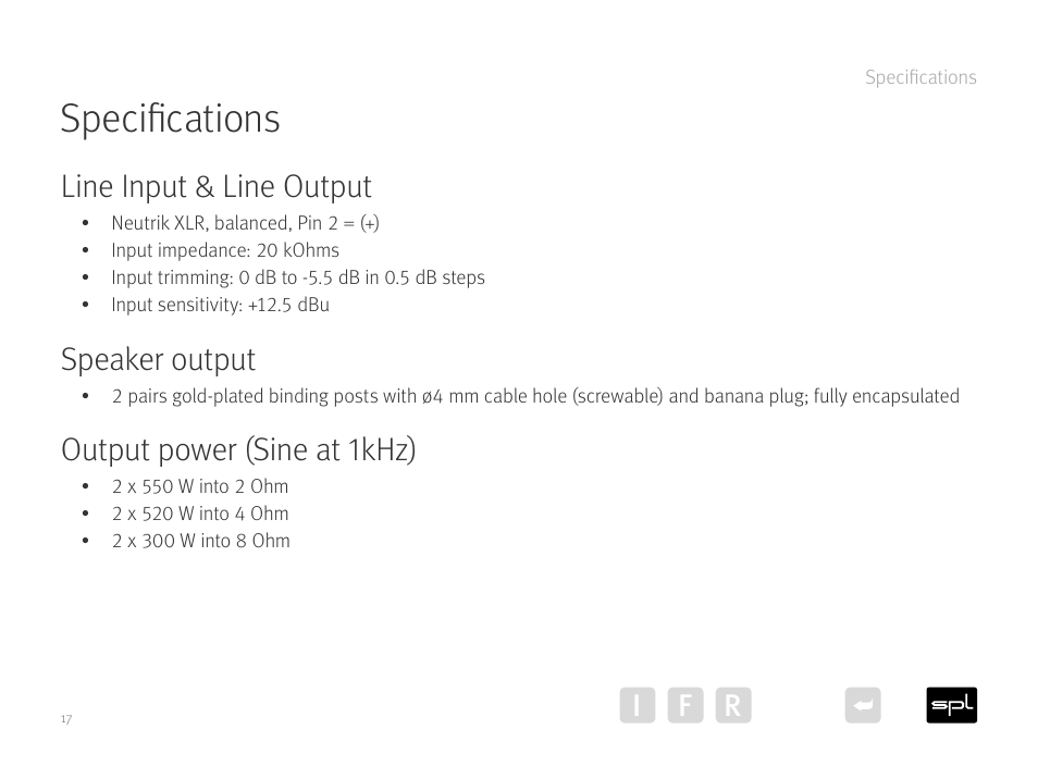 Specifications, Line input & line output, Speaker output | Output power (sine at 1khz), I f r | SPL Performer S1200 Stereo High Power Amplifier (Black) User Manual | Page 17 / 21