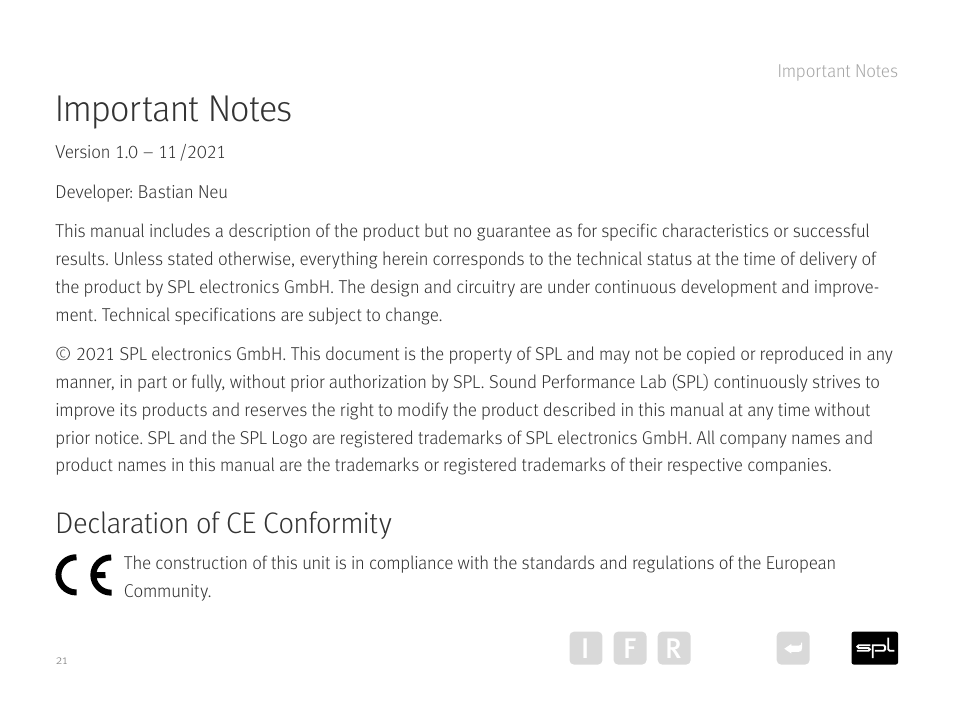 Important notes, Declaration of ce conformity, I f r | SPL Performer S1200 Stereo High Power Amplifier (Black) User Manual | Page 21 / 21