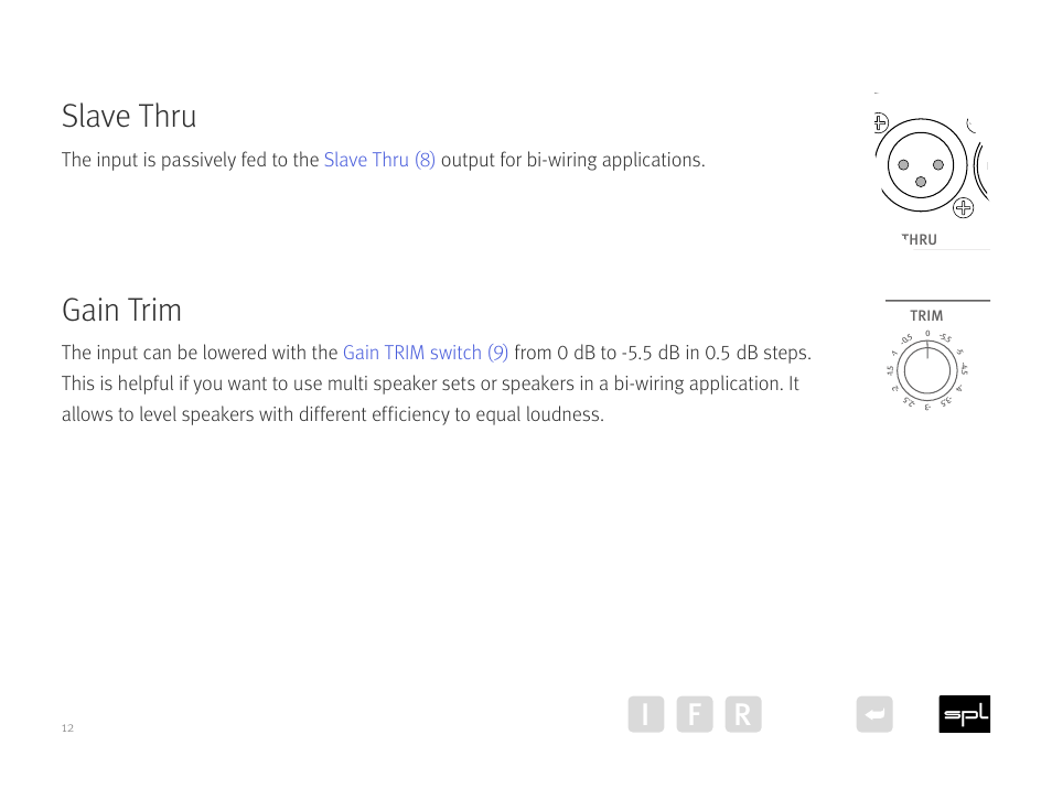 Slave thru, Gain trim, I f r | SPL Performer m1000 Mono Power Amplifier (Red) User Manual | Page 12 / 21