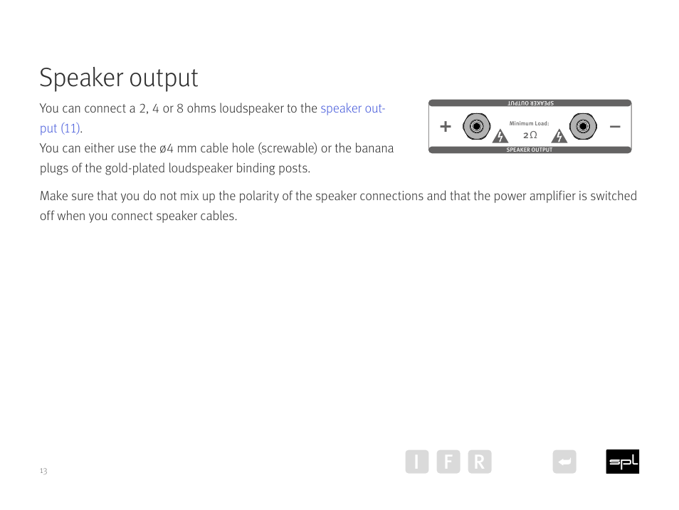 Speaker output, I f r | SPL Performer m1000 Mono Power Amplifier (Red) User Manual | Page 13 / 21