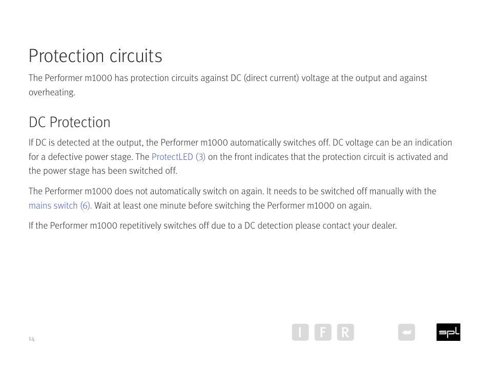 Dc protection, Protection circuits, I f r | SPL Performer m1000 Mono Power Amplifier (Red) User Manual | Page 14 / 21
