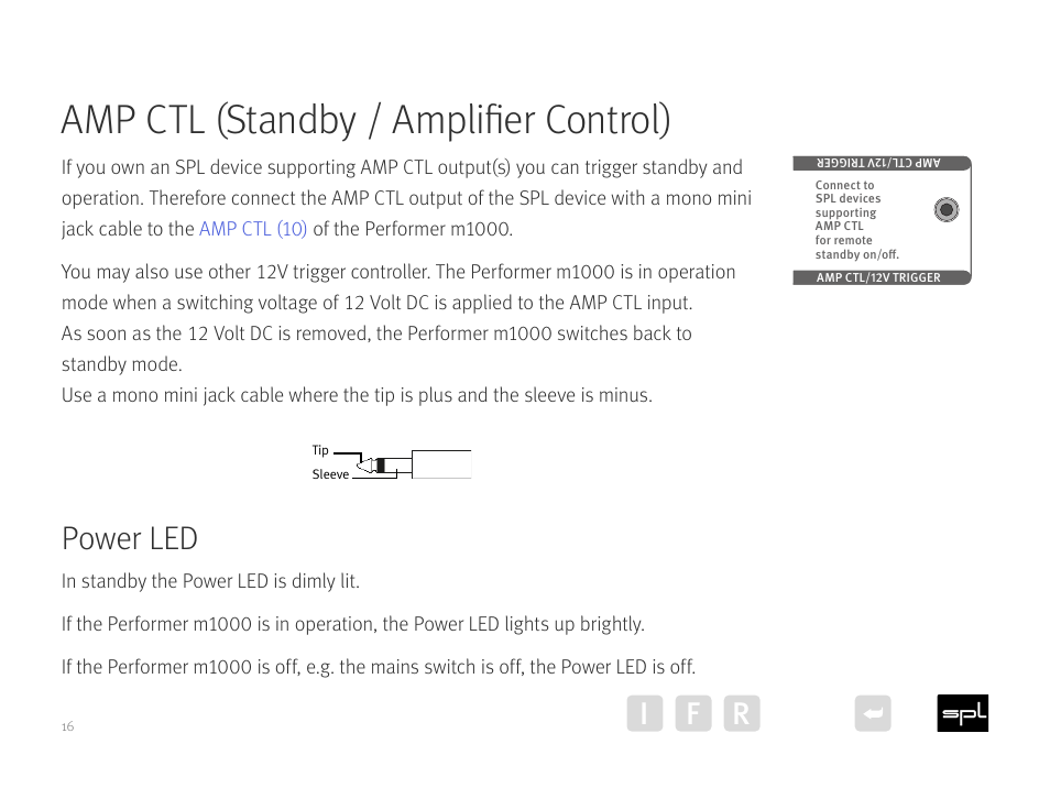 Amp ctl, Power led en, Amp ctl (standby / amplifier control) | Power led, I f r | SPL Performer m1000 Mono Power Amplifier (Red) User Manual | Page 16 / 21