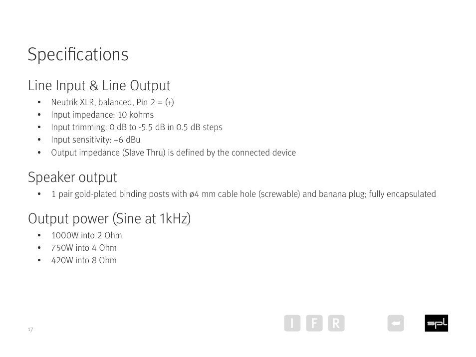 Specifications, Line input & line output, Speaker output | Output power (sine at 1khz), I f r | SPL Performer m1000 Mono Power Amplifier (Red) User Manual | Page 17 / 21