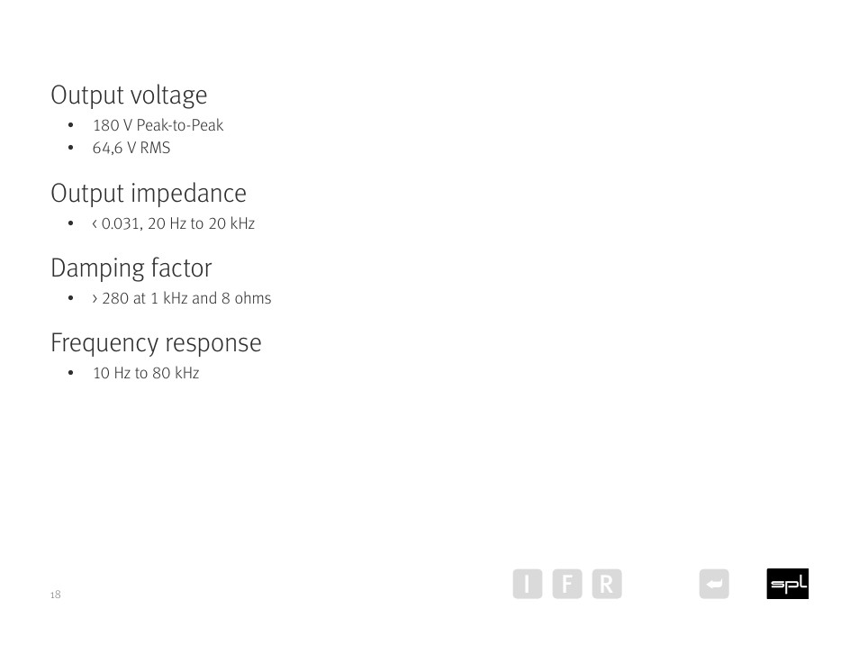 Output voltage, Output impedance, Damping factor | Frequency response, I f r | SPL Performer m1000 Mono Power Amplifier (Red) User Manual | Page 18 / 21