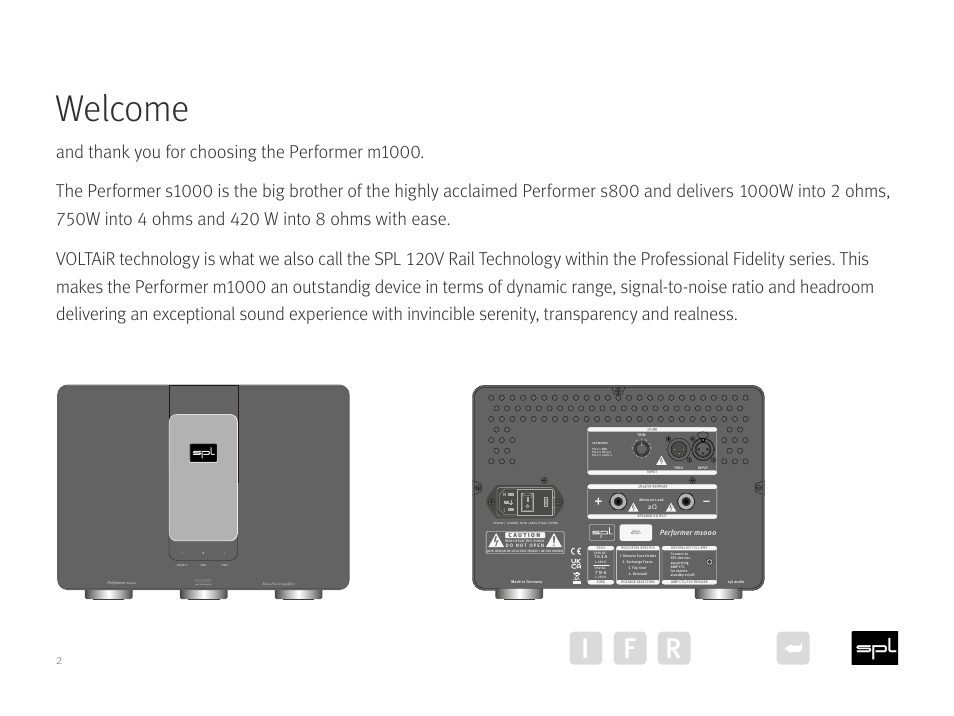 Welcome, I f r | SPL Performer m1000 Mono Power Amplifier (Red) User Manual | Page 2 / 21