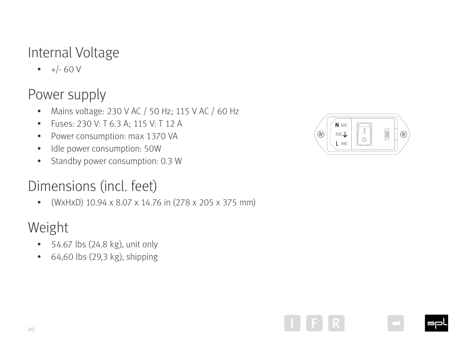 Power supply, Internal voltage, Dimensions (incl. feet) | Weight, I f r, 60 v | SPL Performer m1000 Mono Power Amplifier (Red) User Manual | Page 20 / 21