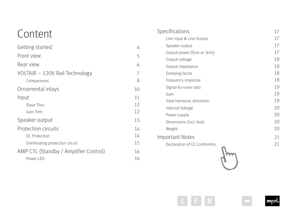 Content, I f r | SPL Performer m1000 Mono Power Amplifier (Red) User Manual | Page 3 / 21