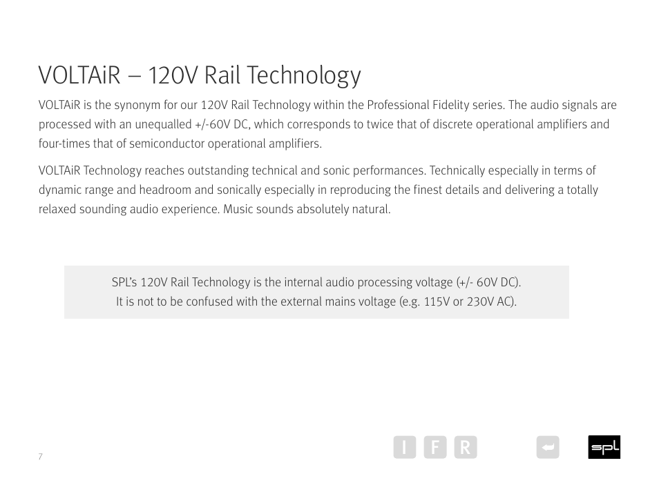 Voltair – 120v rail technology, I f r | SPL Performer m1000 Mono Power Amplifier (Red) User Manual | Page 7 / 21