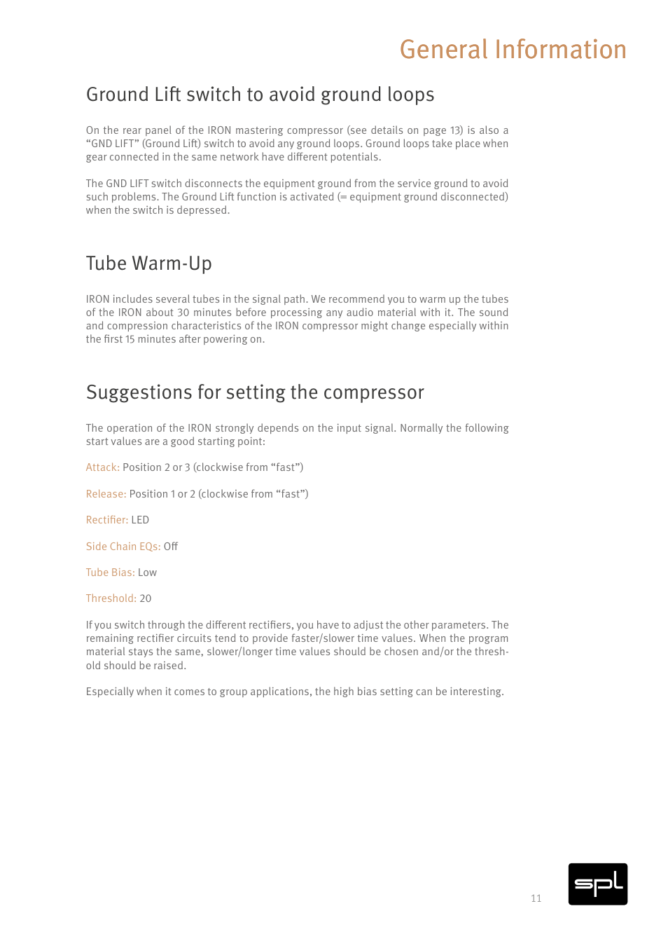 General information, Ground lift switch to avoid ground loops, Tube warm-up | Suggestions for setting the compressor | SPL Iron V2 Two-Channel Tube Mastering Compressor (Black/Silver) User Manual | Page 11 / 32