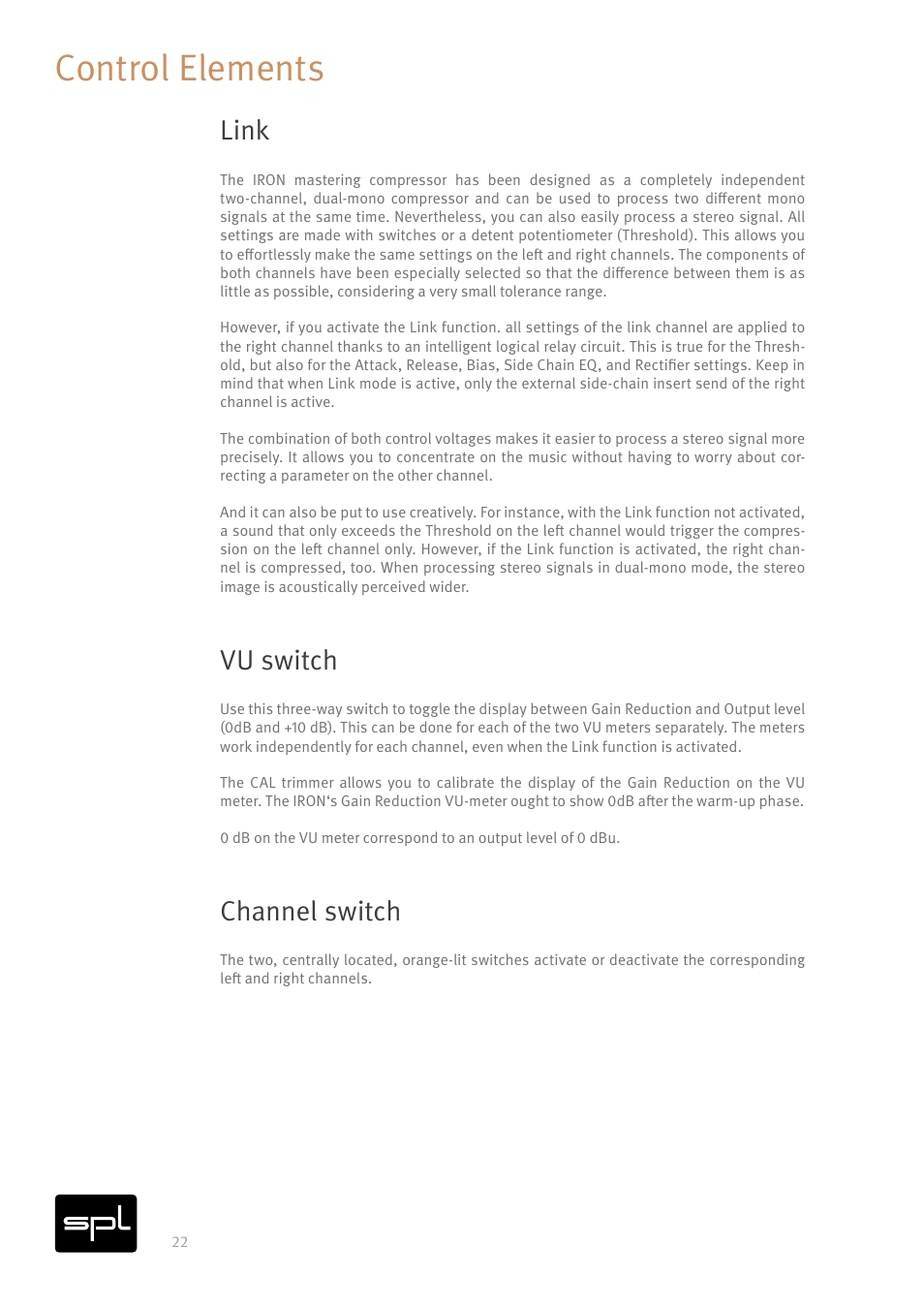 Control elements, Link, Vu switch | Channel switch | SPL Iron V2 Two-Channel Tube Mastering Compressor (Black/Silver) User Manual | Page 22 / 32