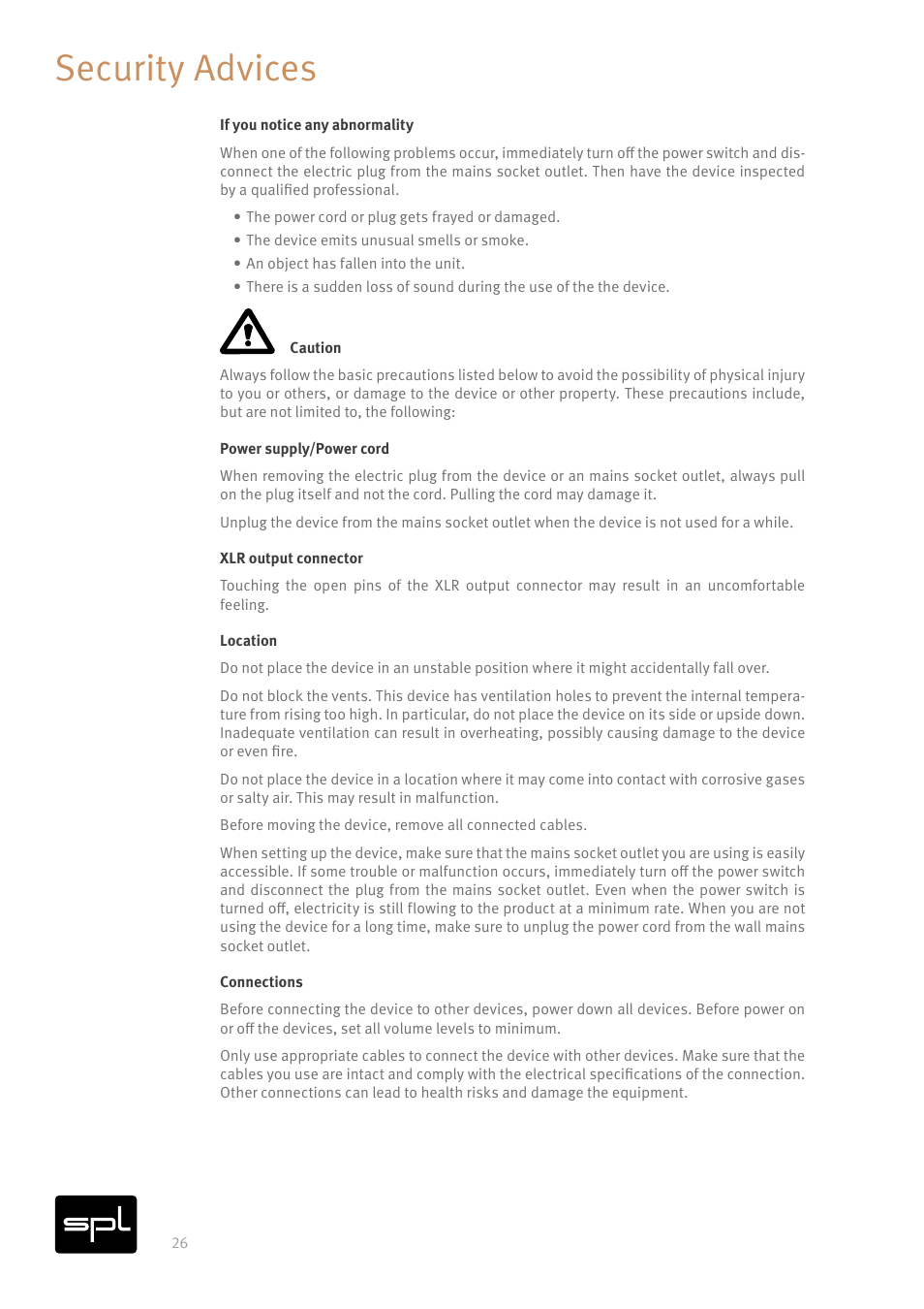 Security advices | SPL Iron V2 Two-Channel Tube Mastering Compressor (Black/Silver) User Manual | Page 26 / 32