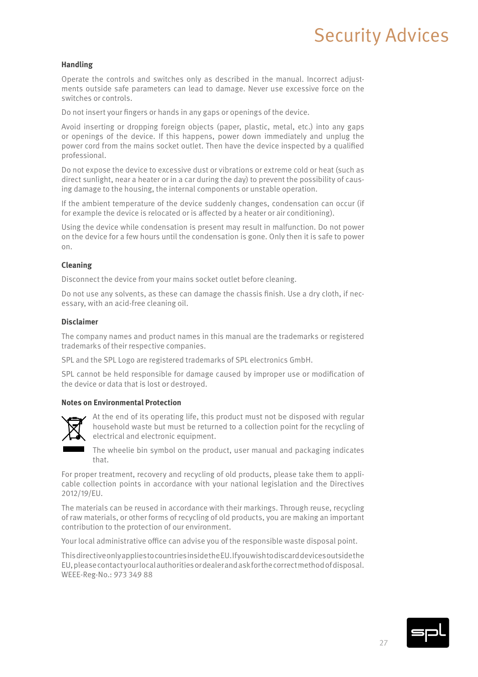 Security advices | SPL Iron V2 Two-Channel Tube Mastering Compressor (Black/Silver) User Manual | Page 27 / 32