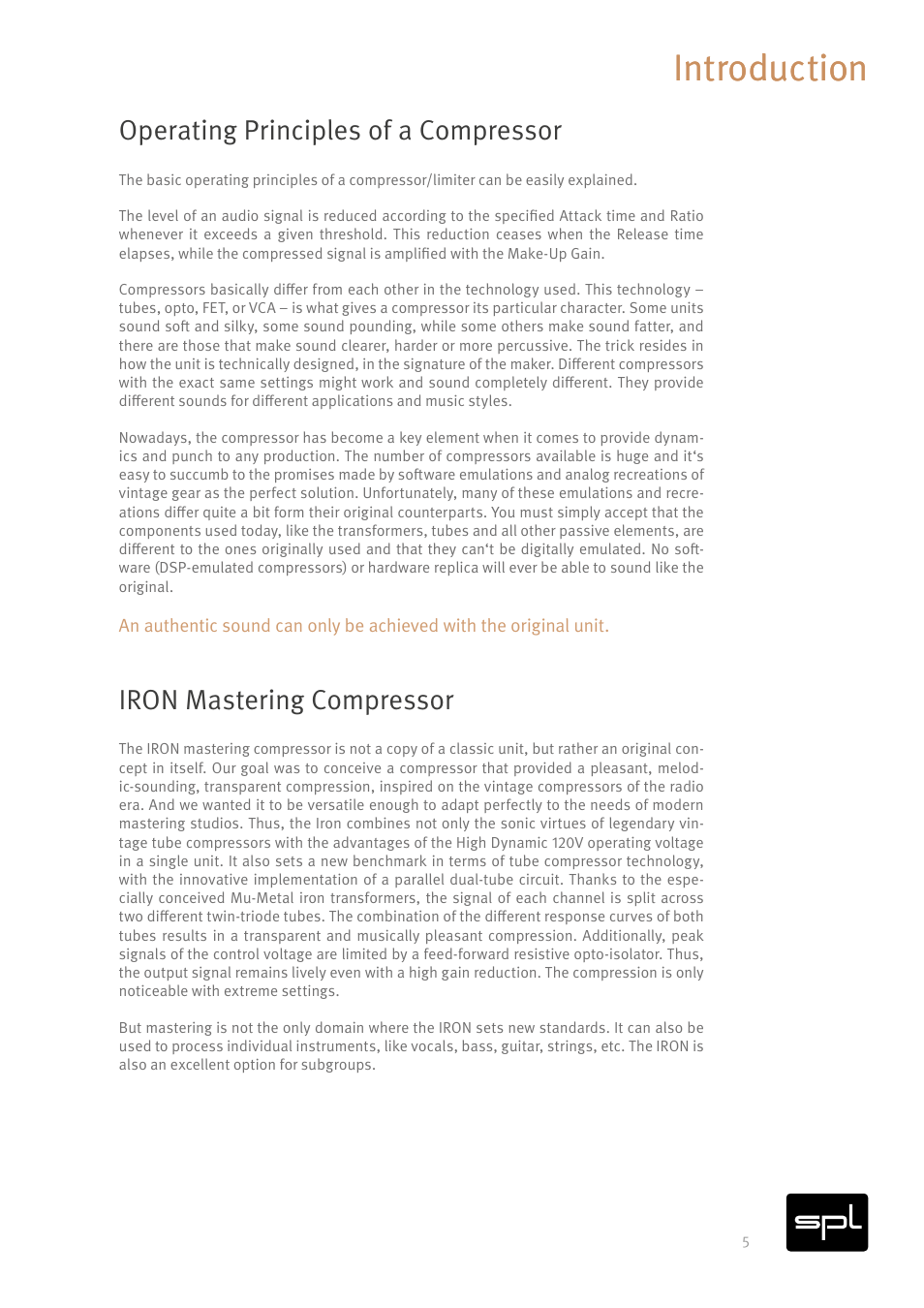 Introduction, Operating principles of a compressor, Iron mastering compressor | SPL Iron V2 Two-Channel Tube Mastering Compressor (Black/Silver) User Manual | Page 5 / 32