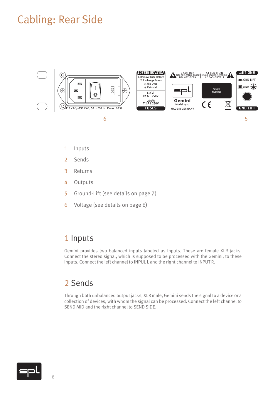 Cabling: rear side, 1inputs, 2sends | SPL Gemini M/S Processor for Mastering Applications (Red) User Manual | Page 10 / 22