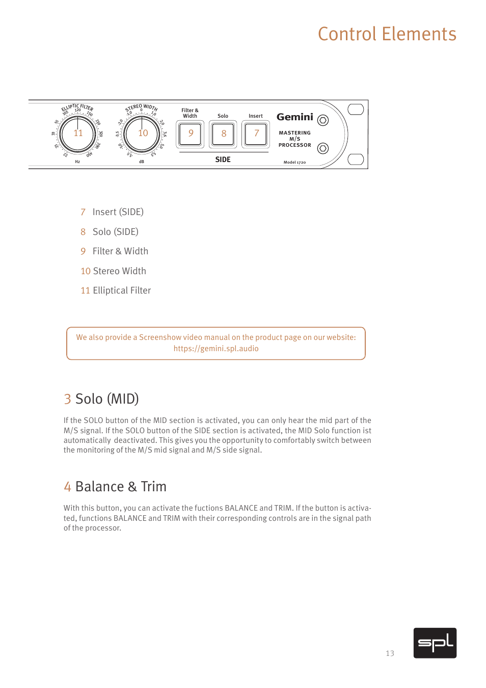 Control elements, 3solo (mid), 4balance & trim | Gemini, Mid m/s side | SPL Gemini M/S Processor for Mastering Applications (Red) User Manual | Page 15 / 22