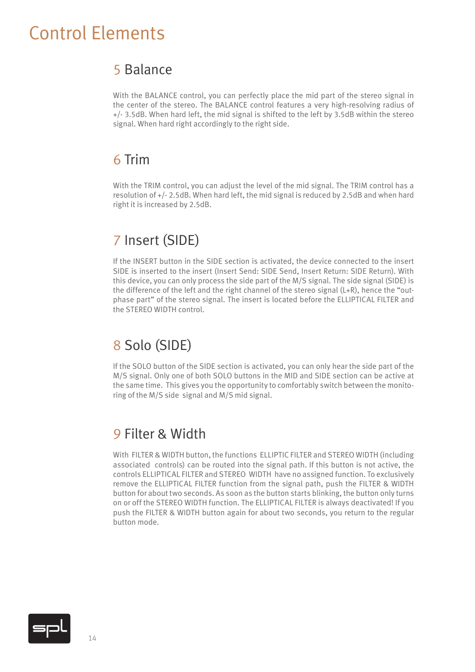 Control elements, 5balance, 6trim | 7insert (side), 8solo (side), 9filter & width | SPL Gemini M/S Processor for Mastering Applications (Red) User Manual | Page 16 / 22