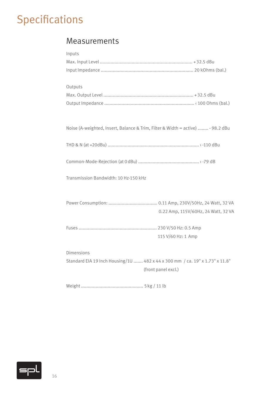 Specifications, Measurements | SPL Gemini M/S Processor for Mastering Applications (Red) User Manual | Page 18 / 22