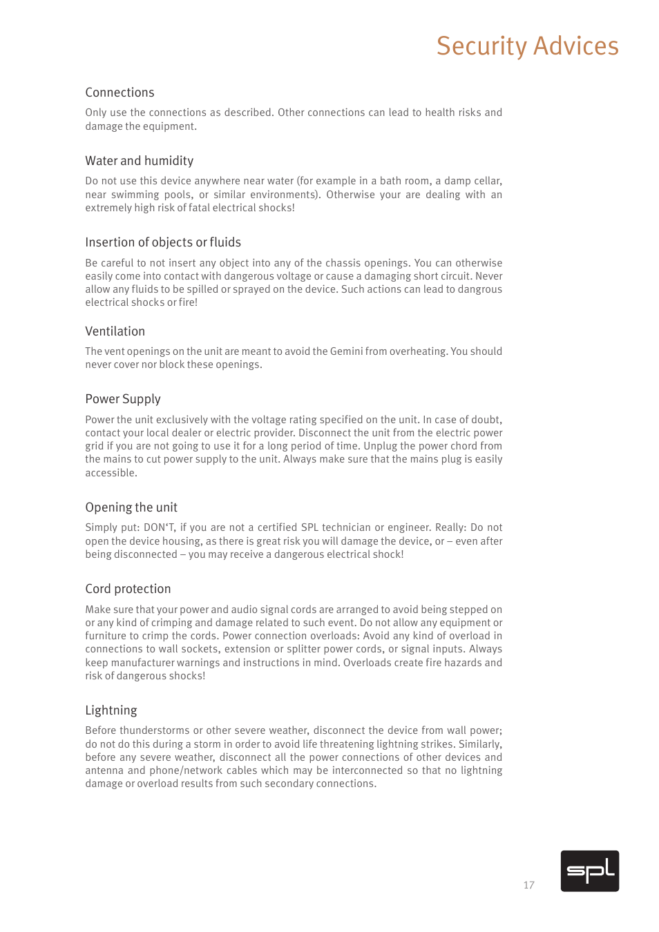 Security advices | SPL Gemini M/S Processor for Mastering Applications (Red) User Manual | Page 19 / 22