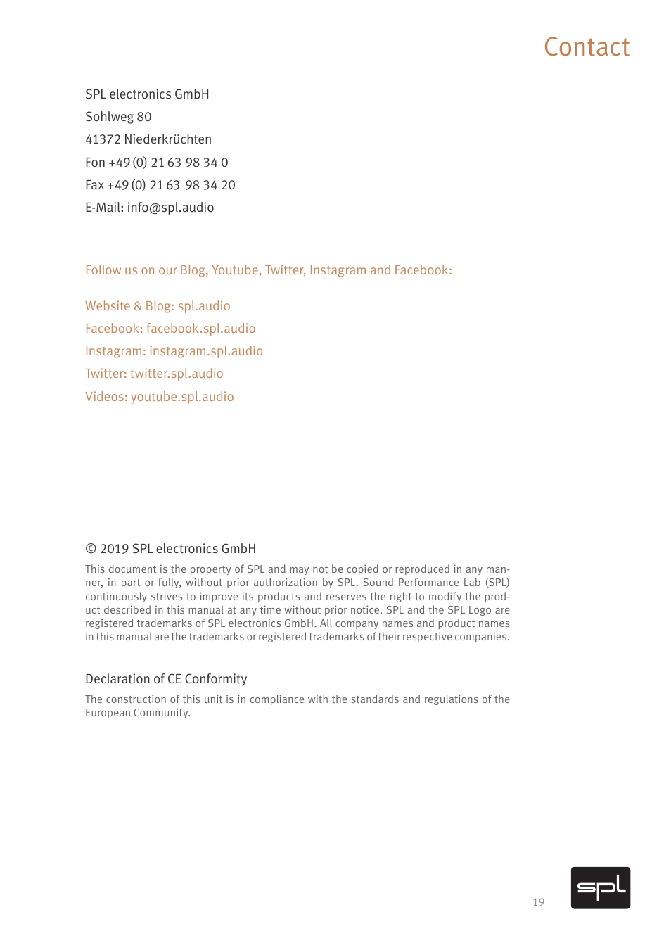 Contact | SPL Gemini M/S Processor for Mastering Applications (Red) User Manual | Page 21 / 22