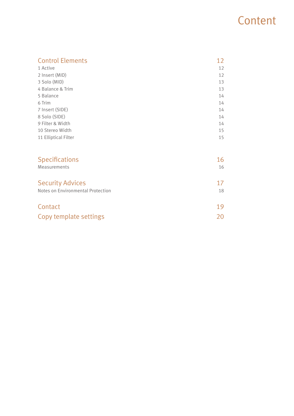 Content, Control elements 12, Specifications 16 | Security advices 17, Contact 19 copy template settings 20 | SPL Gemini M/S Processor for Mastering Applications (Red) User Manual | Page 3 / 22