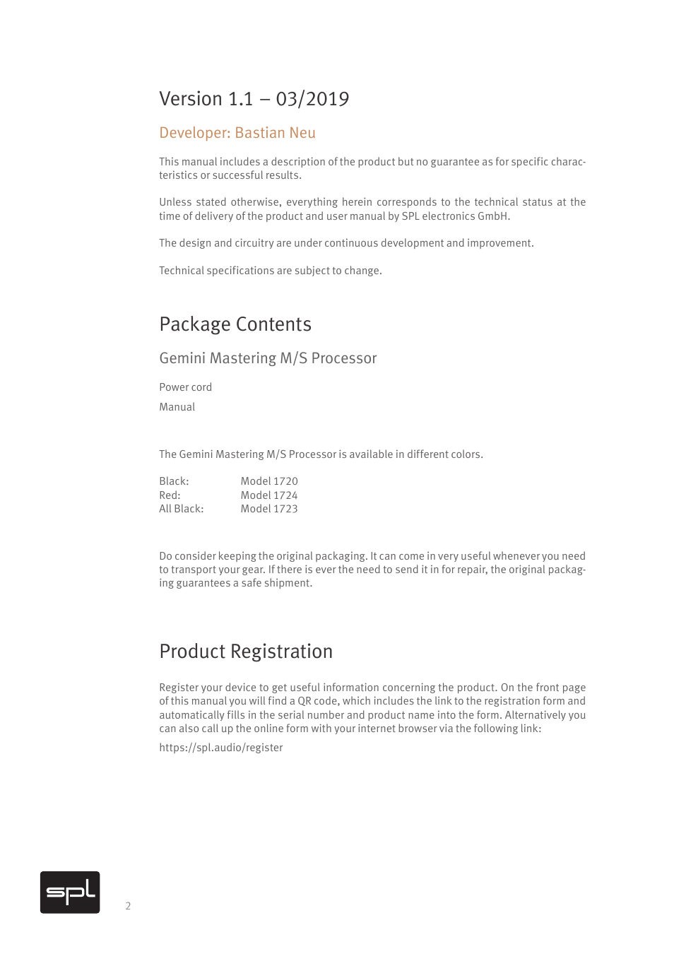 Package contents, Product registration, Developer: bastian neu | Gemini mastering m/s processor | SPL Gemini M/S Processor for Mastering Applications (Red) User Manual | Page 4 / 22