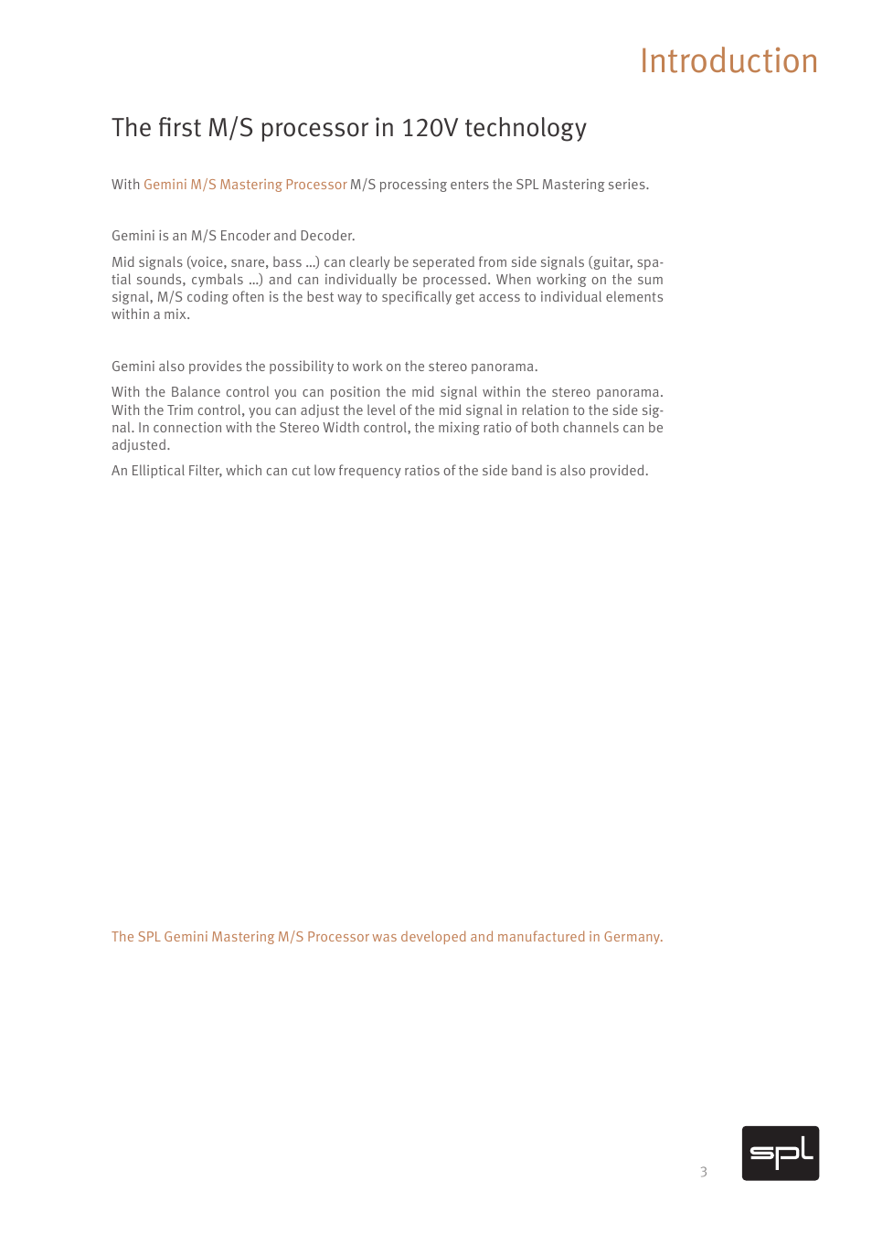 Introduction, The first m/s processor in 120v technology | SPL Gemini M/S Processor for Mastering Applications (Red) User Manual | Page 5 / 22