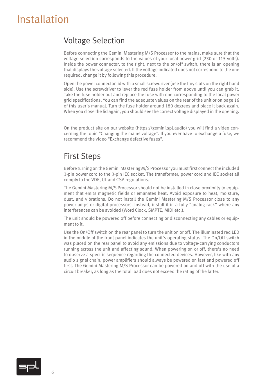 Installation, Voltage selection, First steps | SPL Gemini M/S Processor for Mastering Applications (Red) User Manual | Page 8 / 22