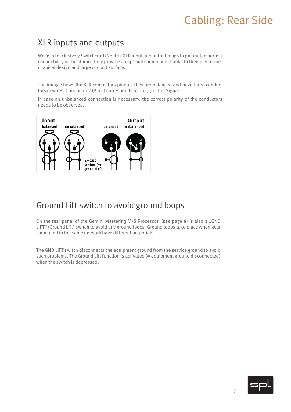 Cabling: rear side, Xlr inputs and outputs, Ground lift switch to avoid ground loops | SPL Gemini M/S Processor for Mastering Applications (Red) User Manual | Page 9 / 22