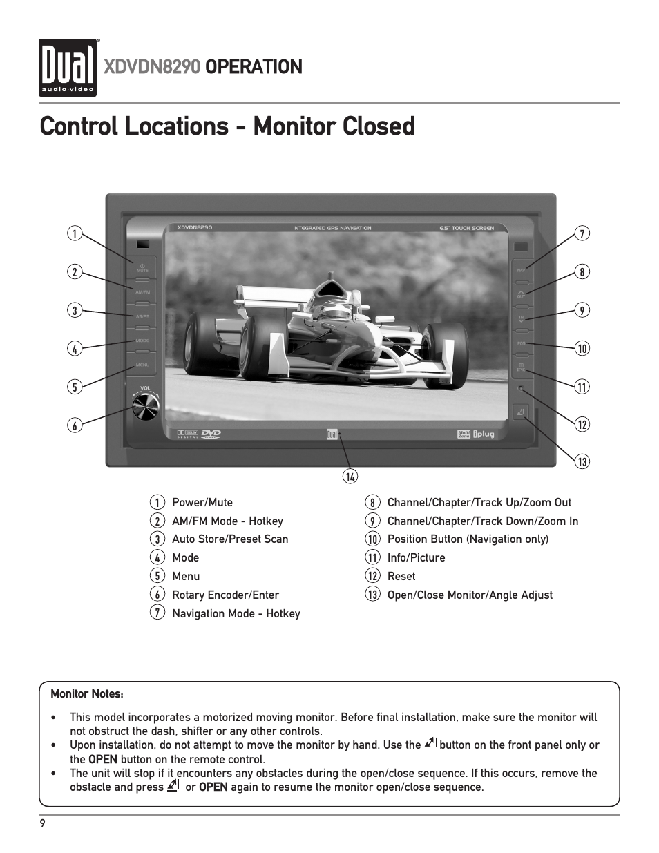 Control locations - monitor closed, Xdvdn8290 operation | Dual XDVDN8290 User Manual | Page 10 / 93