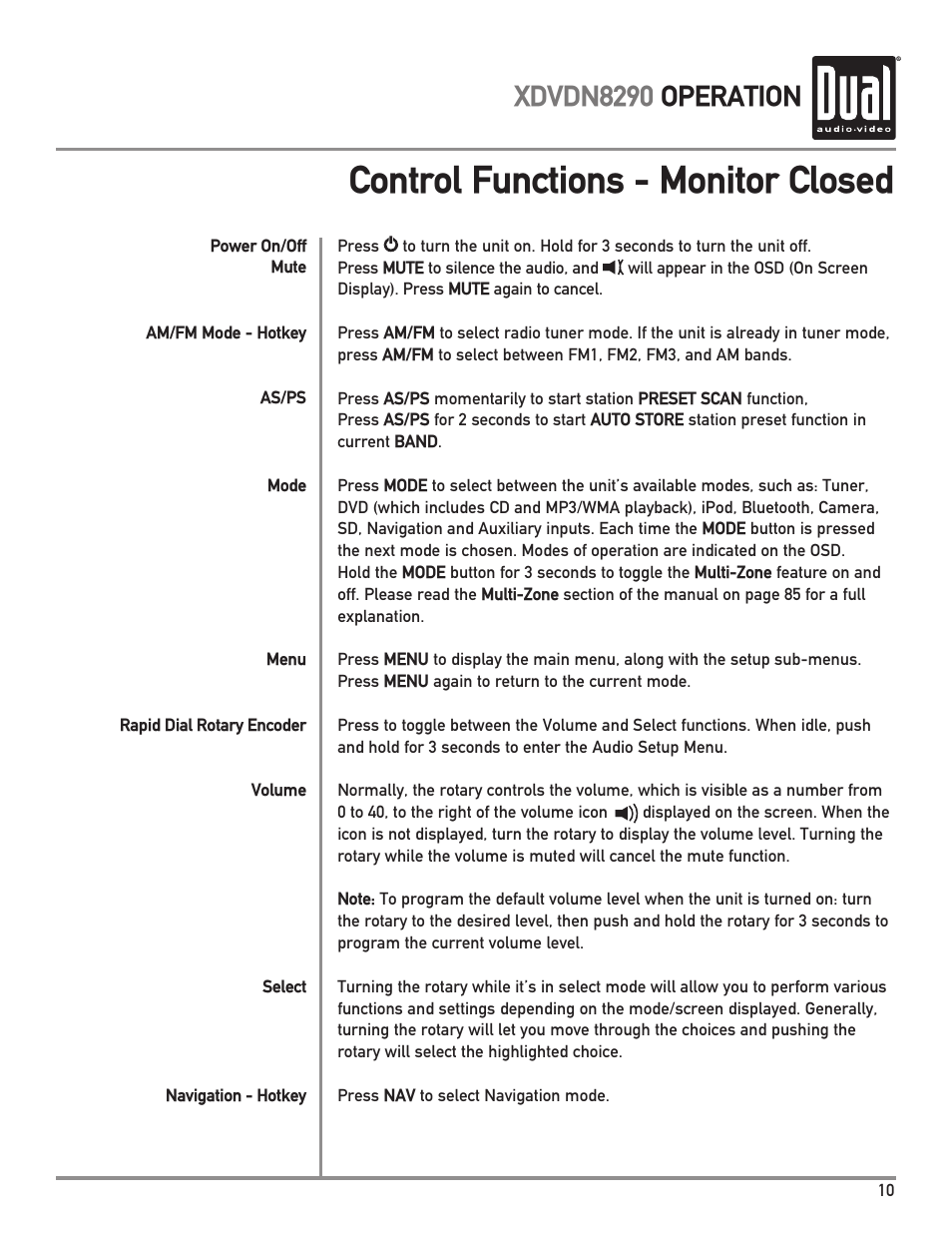 Control functions - monitor closed, Xdvdn8290 operation | Dual XDVDN8290 User Manual | Page 11 / 93