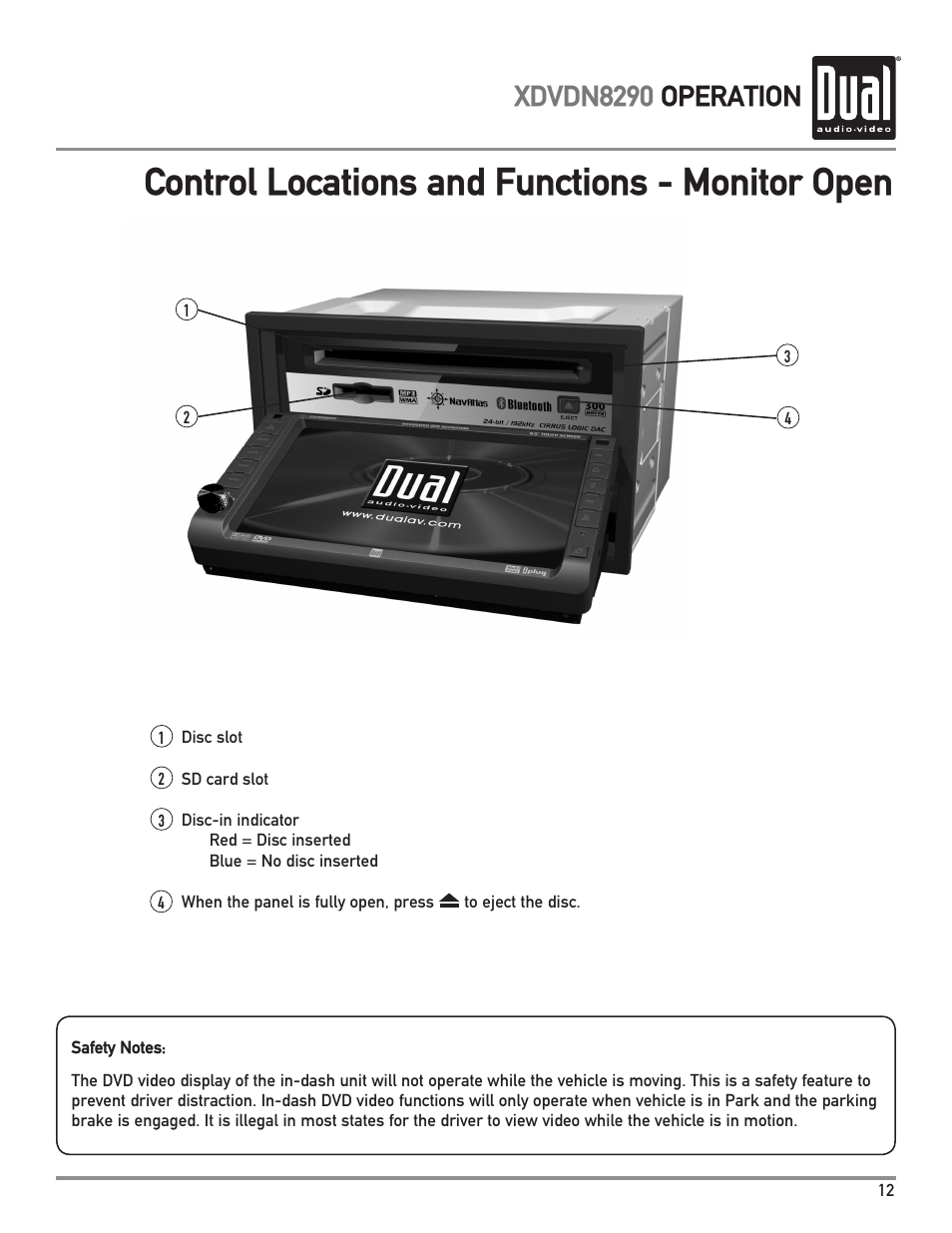 Control locations and functions - monitor open, Xdvdn8290 operation | Dual XDVDN8290 User Manual | Page 13 / 93