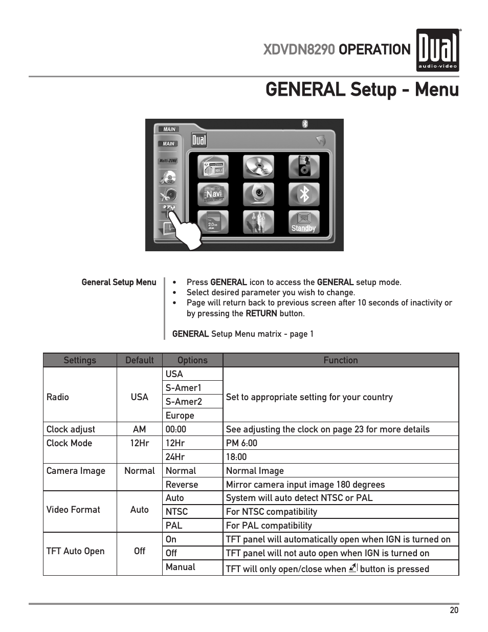 General setup - menu, Xdvdn8290 operation | Dual XDVDN8290 User Manual | Page 21 / 93