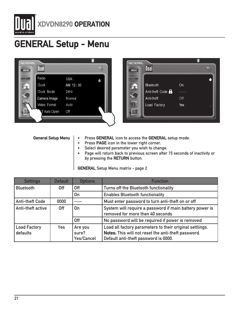 General setup - menu, Xdvdn8290 operation | Dual XDVDN8290 User Manual | Page 22 / 93