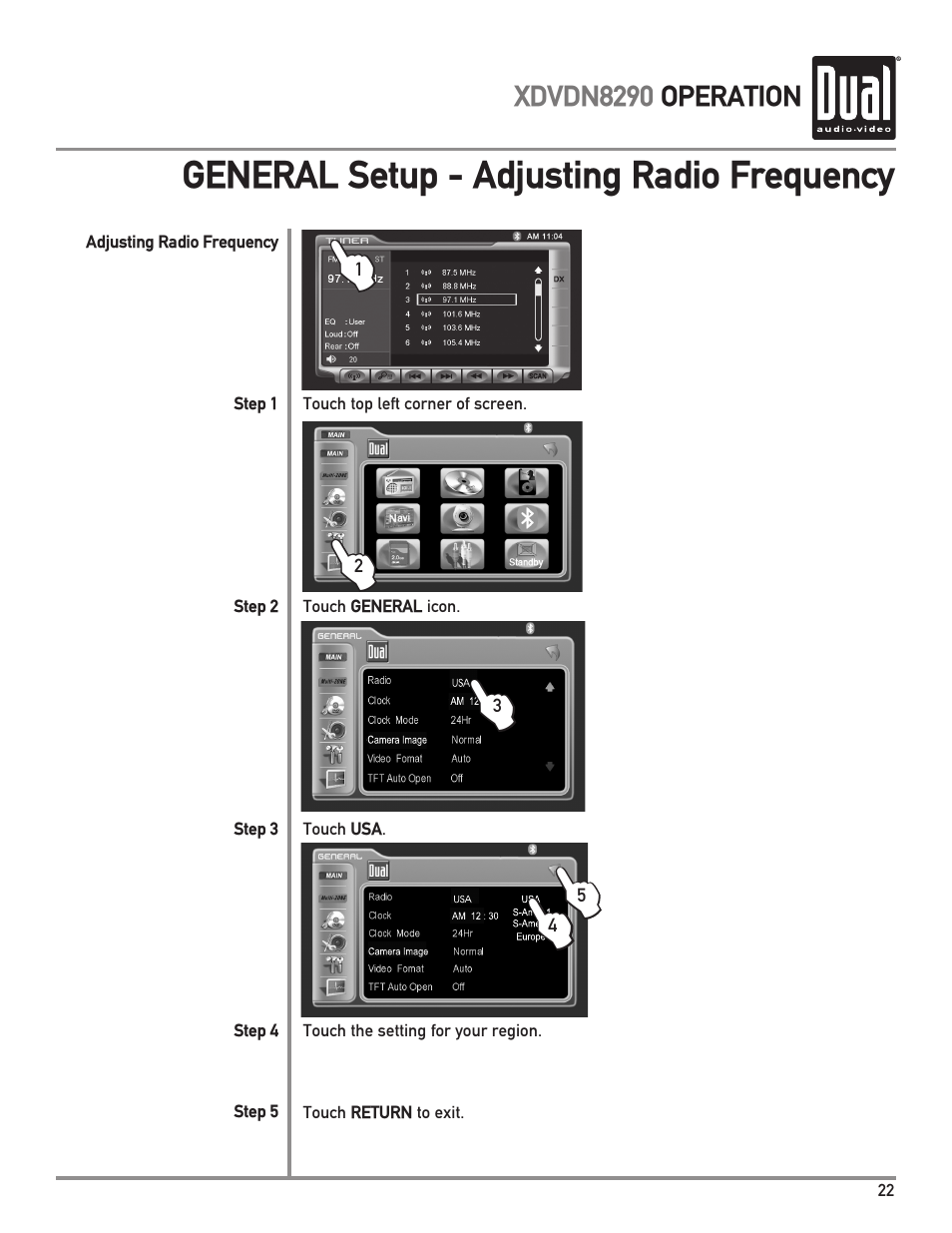 General setup - adjusting radio frequency | Dual XDVDN8290 User Manual | Page 23 / 93